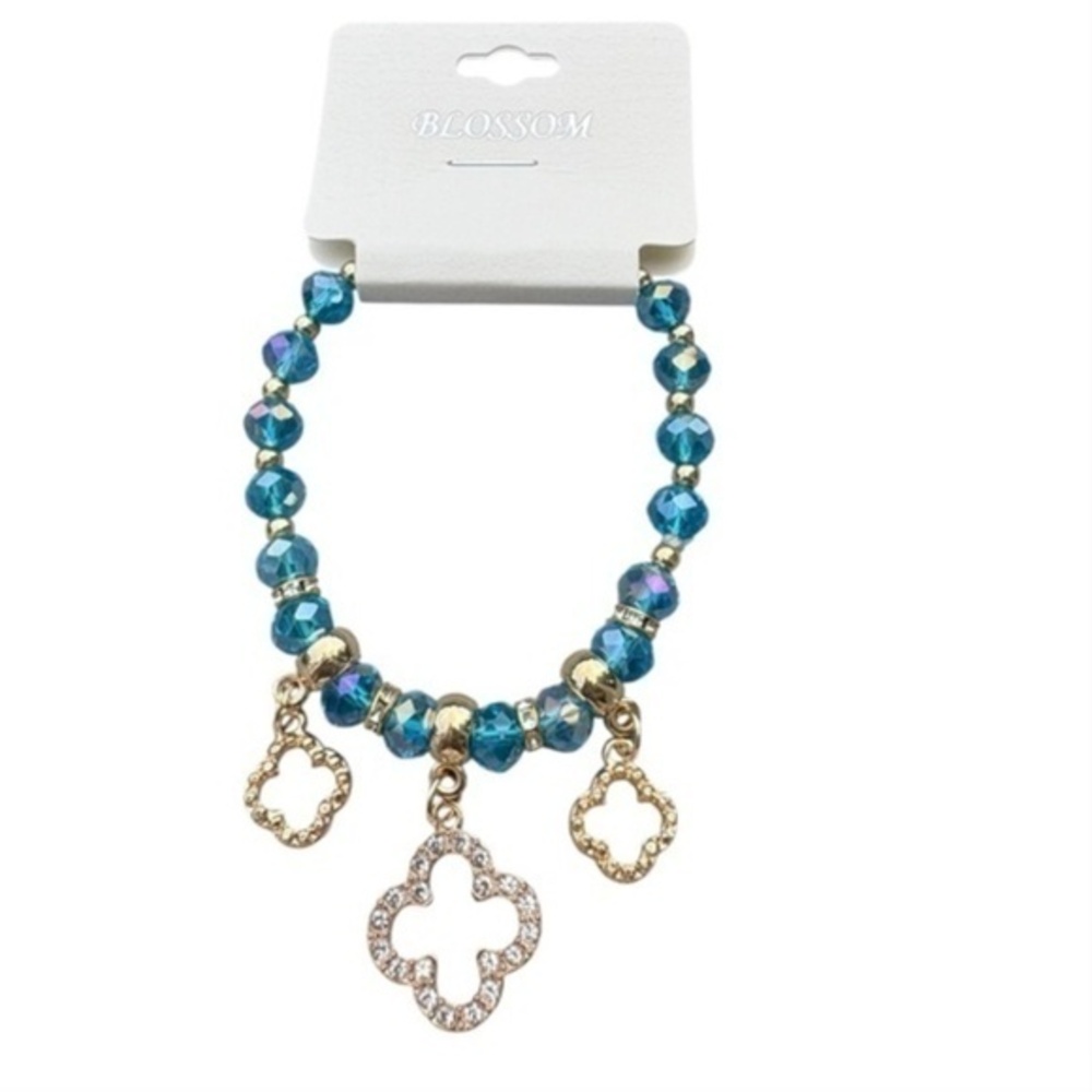 5/$25 Blossom Aqua & Gold Beaded Bracelet with Charms